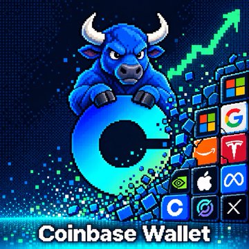 A promotional graphic featuring a blue bull mascot above a 'C' logo, surrounded by app icons and the text 'Coinbase Wallet'.