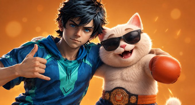 A young man with a shaka hand gesture stands beside a cartoon white cat wearing sunglasses, a championship belt, and orange boxing gloves, set against a vibrant orange background—visually reinforcing the simple, punchy "up or down" trading concept mentioned in the post.