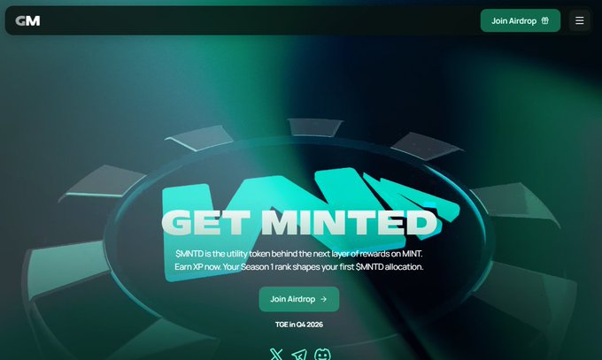 A webpage screenshot displaying 'GET MINTED' with a description about $MNTD utility token, featuring a 'Join Airdrop' button and TGE in Q4 2025.
