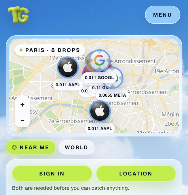 A mobile app interface showing a map of Paris with several pins marked as "0.011 AAPL", "0.011 GOOGL", and "0.0055 META", along with "NEAR ME", "WORLD", "SIGN IN", and "LOCATION" buttons.