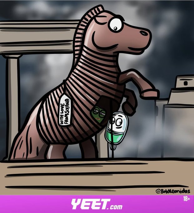 A cartoon Trojan horse labeled "With Love From Solana" conceals small menacing figures inside, illustrating a malicious or deceptive aspect of the Solana blockchain, which is being tracked alongside crypto prices (SOL: 77) in today's market update. The image carries a "18+" warning and is branded by YEET.com.