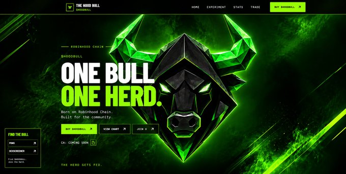 A website landing page for 'THE HOOD HULL' featuring a green geometric bull logo with the tagline 'ONE BULL ONE HERD' and mentions of the Robbinhood Chain.