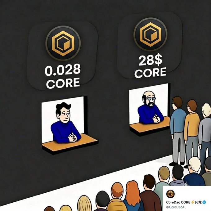 The image shows two men seated at desks, facing each other with their hands folded in front of them. The text below the illustration reads "COREScore just hit its ALL-TIME LOW of $0.0234 on April 2nd 2026 ATH was $6.14 That'S a 215x from current levels 69 MILLION holding addresses say this is NOT dead Market Sentiment: POSITIVE This is the dip you'll tell your grandkids about #CORE #CoreChain". The man at one of the desks has his head down in front of him, while the other man appears to be staring up.