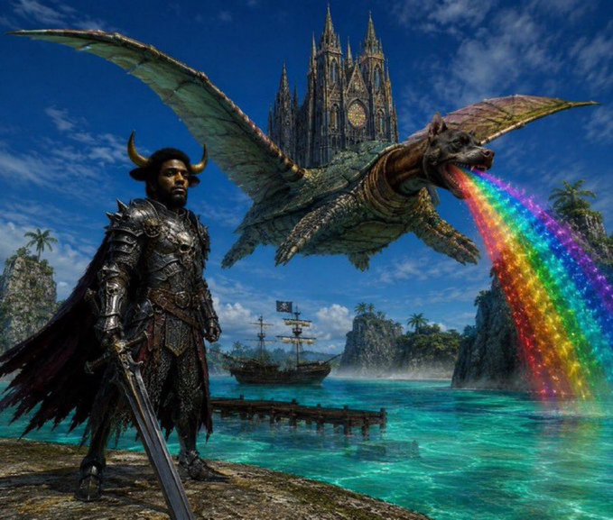 A horned warrior in dark armor stands on a coastal shore wielding a sword, while a massive winged dragon flies overhead breathing a vibrant rainbow beam toward a fantasy castle in the background, with a pirate ship docked nearby in the turquoise waters. The image's surreal, meme-like fantasy aesthetic — combining random absurd elements like a rainbow-breathing dragon and an armored warrior with horns — aligns with the lighthearted, chaotic tone typical of $ANSEM-related crypto community humor.