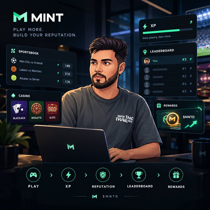 A promotional graphic for an app called 'MINT' with the tagline 'PLAY MORE. BUILD YOUR REPUTATION.', featuring a cartoon man using a laptop surrounded by UI elements like 'SPORTSBOOK' (showing Man City vs Arsenal at 1.85, Lakers vs Warriors at 2.12), 'CASINO', 'LEADERBOARD', and 'REWARDS'.