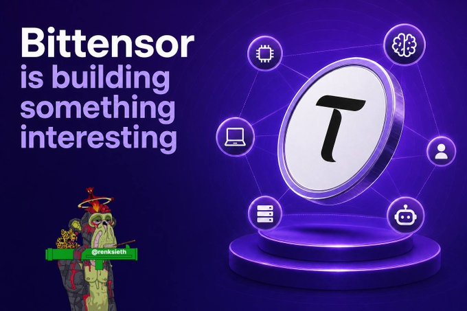 Promotional graphic with the text 'Bittensor is building something interesting,' featuring a glowing 3D TAO token on a pedestal connected to network icons, alongside the @renkaisith handle and a cartoonish character.