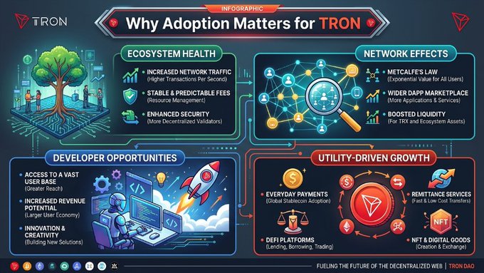This infographic titled "Why Adoption Matters for TRON" from TRON DAO illustrates four key benefits of adoption: Ecosystem Health (highlighting increased network traffic, stable fees, and enhanced security), Network Effects (featuring Metcalfe's Law, dApp marketplace, and boosted liquidity), Developer Opportunities (access to a vast user base, increased revenue potential, and innovation/creativity), and Utility-Driven Growth (encompassing everyday payments, DeFi platforms, remittance services, and NFTs)—visually reinforcing the post's message that TRON's growing adoption strengthens its decentralized ecosystem and creates opportunities for users, developers, and businesses alike.