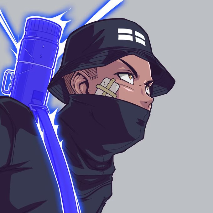 The image features a person wearing a black hat, scarf, and bandana with a blue strap over their shoulder. The person appears to be looking off into the distance or at something out of frame. The background is white, which contrasts with the dark colors of the person's attire. There are no texts present in the image.