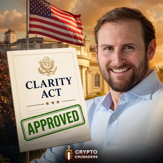 A composite image featuring a smiling man on the right, an American flag and a building resembling the White House on the left, and a document titled 'CLARITY ACT' stamped with 'APPROVED' in green, with a 'CRYPTO CRUSADERS' logo at the bottom.