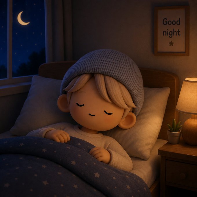 A 3D-rendered illustration of a child wearing a blue nightcap peacefully sleeping in bed, with a moon and stars visible through the window and a framed 'Good night' sign on the wall.