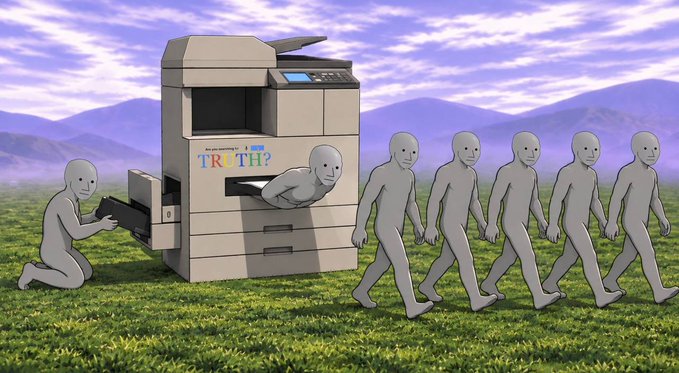 A surreal 3D render shows identical humanoid figures walking in a line coming out of a Canon i-SENSYS copier labeled "TRUTH" while another figure loads a paper tray.