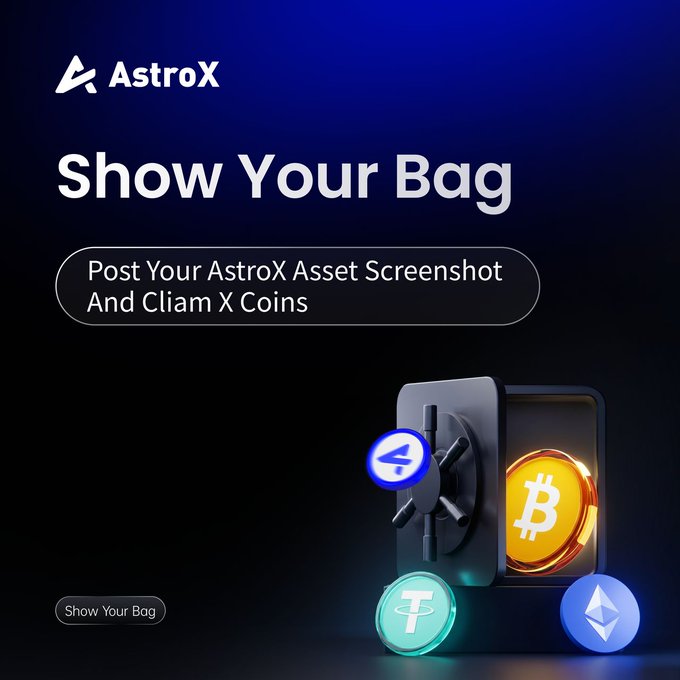The image features a black background with three different colored coins placed on top of each other, along with text that reads "Show Your Bag" and "Post Your AstroX Asset Screen shot and Ciam X Coins". The text also mentions a giveaway for trading funds and X coins, which is likely related to the AstroX cryptocurrency exchange.