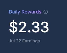 A dark blue interface showing 'Daily Rewards' of $2.33 labeled as 'Jul 22 Earnings.'