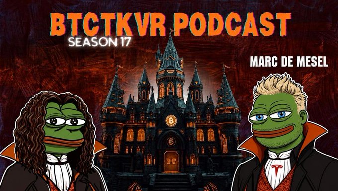 Promotional artwork for the BTCTKVR Podcast Season 17 featuring guest Marc De Mesel, with two Pepe-style characters flanking a dark, gothic Bitcoin castle against a red background, teasing an upcoming episode where De Mesel will discuss early Bitcoin history and BCH investing.