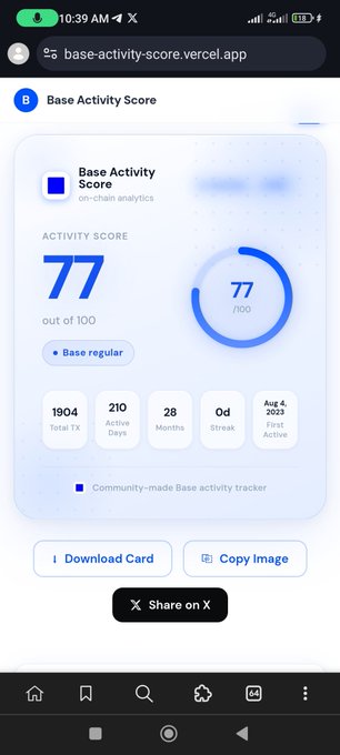 The image shows a cell phone screen displaying information about an app called "Base Activity Score". The app provides a summary of the user's activity score, which includes details such as Base Activity Score, Base Activity Score Out of 100, and Base Activity Score by day. The app also offers options to download a copy or share it with others. The image is related to the post because it features an image of a cell phone screen displaying information about the "Base Activity Score" app.
