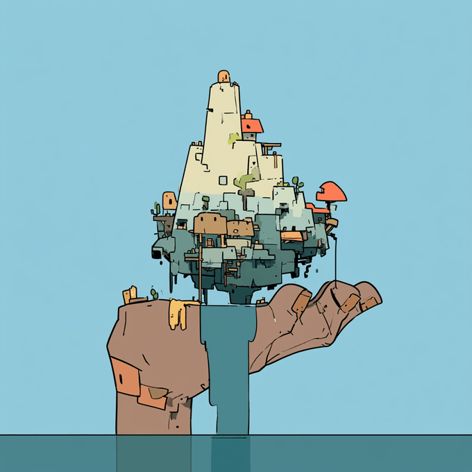 An illustration shows a large hand emerging from blue water, holding up a rocky island with a tall tower and small buildings against a light blue sky.