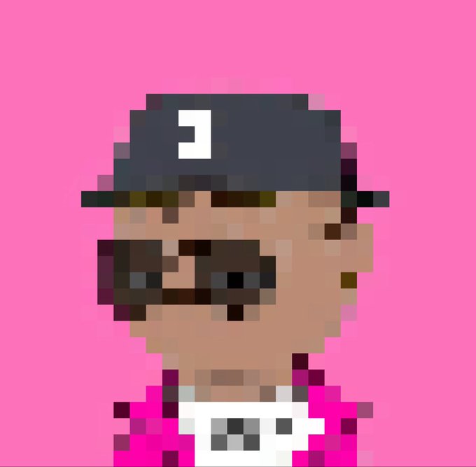 A pixel art character wearing a black bucket hat with a white "D" on it, dark sunglasses, and a pink shirt with a skull on the shirt, set against a pink background—visually representing a "degen" crypto enthusiast rushing to claim a free mint before the window closes.