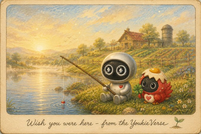 A postcard-style illustration titled 'Wish you were here - from the YoukieVerse' depicting two cute robot-like characters—one white fishing and one red with a fried egg on its head—sitting by a lake at sunset near a farmhouse.