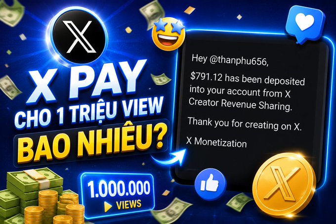 A promotional graphic for 'X PAY' asking 'CHO 1 TRIỆU VIEW BAO NHIÊU?' (how much for 1 million views), featuring a screenshot showing that $791.12 has been deposited into @thanphu656's account from X Creator Revenue Sharing for achieving 1,000,000 views.