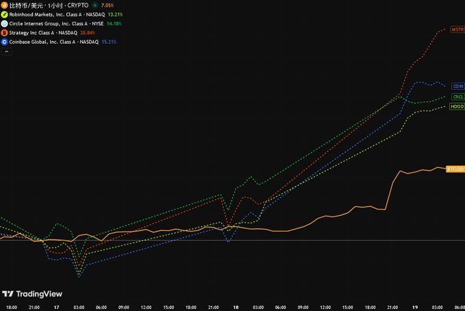 A TradingView line chart from Bitwise compares stock performance, showing MSTR (Strategy Inc, Class A) leading at +20.84%, followed by COIN (Coinbase) at +15.21%, HOOD (Robinhood) at +13.21%, CRCL (Circle Internet Group) at +14.18%, and BTC (比特币) at +7.69% over the displayed timeframe.