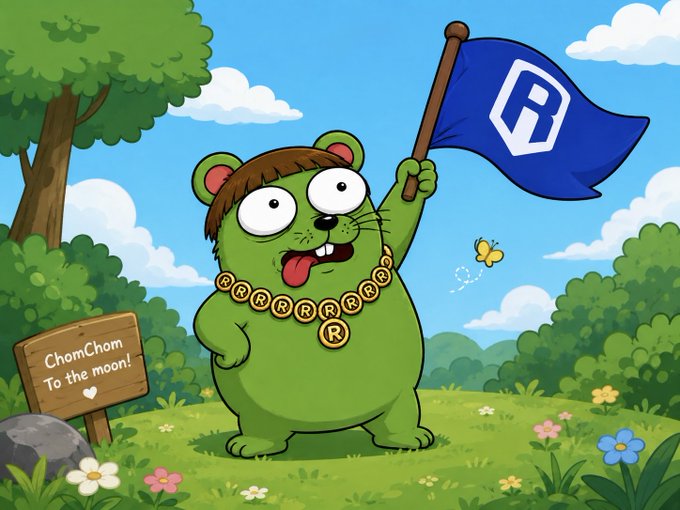 A cartoon green bear character wears a gold 'RRRRR' chain necklace, holds a blue flag with 'R' logo, and stands next to a sign reading 'ChomChom To the moon!'.