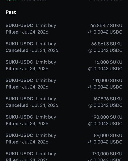 Screenshot of past cryptocurrency trades on a mobile app showing multiple 'SUKU-USDC Limit buy' orders filled or cancelled on Jul 24, 2026 at 0.0042 USDC.