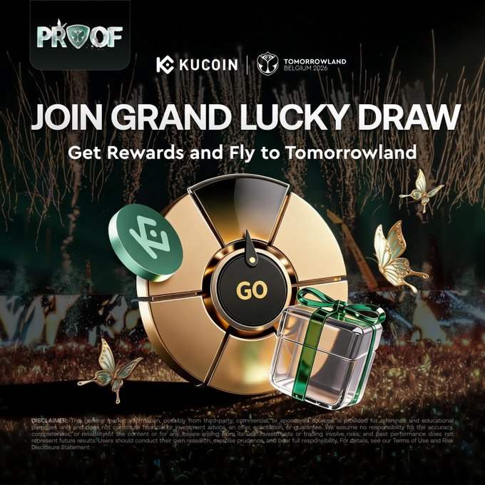 The image features a poster advertising a grand prize draw for a Lucky Draw, with a gold-colored wheel as the centerpiece of the advertisement. The poster also includes text promoting the event, encouraging people to join the draw by sharing their entries on social media using the hashtag #KuCoinPROOF. The post is related to the Lucky Draw competition and aims to attract participants and spread awareness about the event.