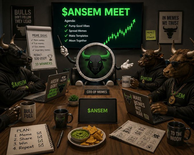 Anthem-branded bull mascots convene around a table under a "$ANSEM MEET" agenda board listing meme-creation tasks, with a chart trending upward alongside. The scene visualizes the post's message about consistent, value-driven community building in Web3, reinforcing loyalty to $ANSEM and the BullpenFi ecosystem.