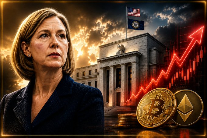 A composite image shows a serious-looking woman, the Federal Reserve building, an American flag, a rising red stock chart, and Bitcoin and Ethereum coins.