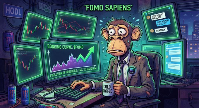 A cartoon illustration of a stressed monkey in a suit labeled "FOMO SAPIENS" sitting at a desk with multiple monitors showing crypto charts, a "HODL" sign, and a "BONDING CURVE: $FOMO" graph with "EVOLUTION IN PROGRESS: 74% TO RAYDIUM".