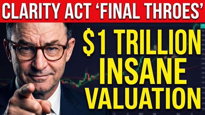 The image appears to be a YouTube thumbnail featuring a man in glasses pointing at the camera, with bold text reading "CLARITY ACT 'FINAL THROES'" and "$1 TRILLION INSANE VALUATION" overlaid on a stock chart background. It relates to the post by highlighting key topics discussed in the video, including the Clarity Act's final stages and an ambitious $1 trillion valuation claim tied to XRP and Ripple.