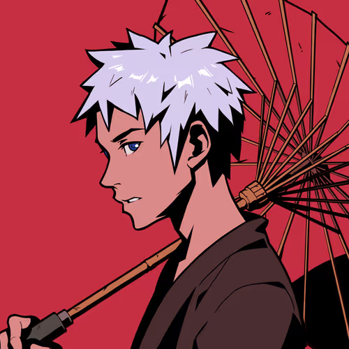 A profile-view anime-style illustration shows a white-haired character in a dark robe holding an open, traditional parasol against a red background.
