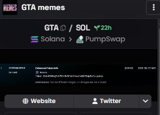 A cryptocurrency trading interface displays the 'GTA / SOL' token pair on Solana via Pumpswap, with the meme logo visible in the top left.