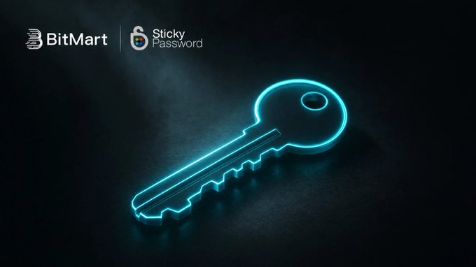 The image features a glowing blue neon key against a dark background, with logos for "BitMart" and "Sticky Password" displayed in the top left corner. It visually represents password security—a fitting metaphor for the post's warning that 94% of leaked passwords are reused, highlighting the need for stronger unique credentials and the partnership between BitMart and Sticky Password to help users protect their accounts.