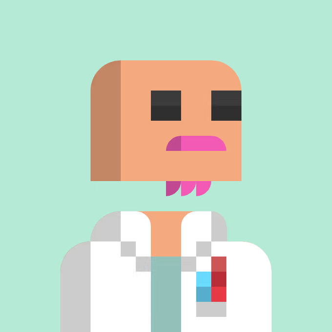 A flat-design cartoon illustration of a character wearing a lab coat with a stethoscope, featuring a minimalist face with a pink mustache and tongue sticking out against a mint green background.