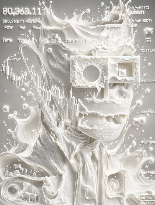 A surreal 3D white render of a stylized face with rectangular glasses surrounded by liquid splashes, overlaid with BTC/USDT trading data including '80,363.11', '24h Low', and '24h Vol(BTC)'.