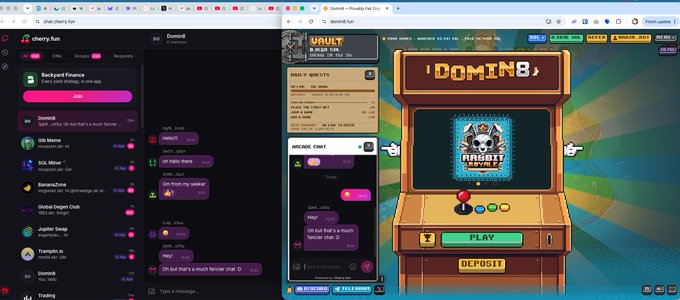 A split-screen desktop view showing the 'cherry.fun' chat platform on the left and a casino-style website called 'Domin8.fun' on the right, featuring an arcade machine displaying 'ROBOT NINJA' and a 'PLAY' button.