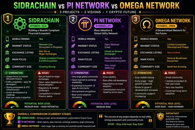 An infographic comparing SIDRACHAIN, PI NETWORK, and OMEGA NETWORK across criteria including mobile mining, exchange listing, main focus, community size, strengths, and risks.