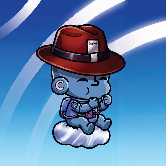 A cartoon illustration features a blue-skinned baby wearing a red hat with 'SR' on the buckle, sitting on a cloud while playing with a toy.