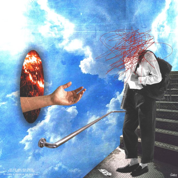 A surreal collage artwork features a man in a white shirt and tie with his head obscured by chaotic red scribbles, standing on metal stairs beside a handrail, while a large realistic hand emerges from a portal of lava/clouds against a blue sky backdrop, with small text at the bottom left reading 'ONE STEP AWAY FROM HEAVEN' and the artist signature 'GIBSON' in the bottom right.