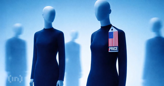 Two faceless mannequins in blue dresses stand against a blue background, with one wearing a price tag featuring an American flag design labeled 'PRICE'.