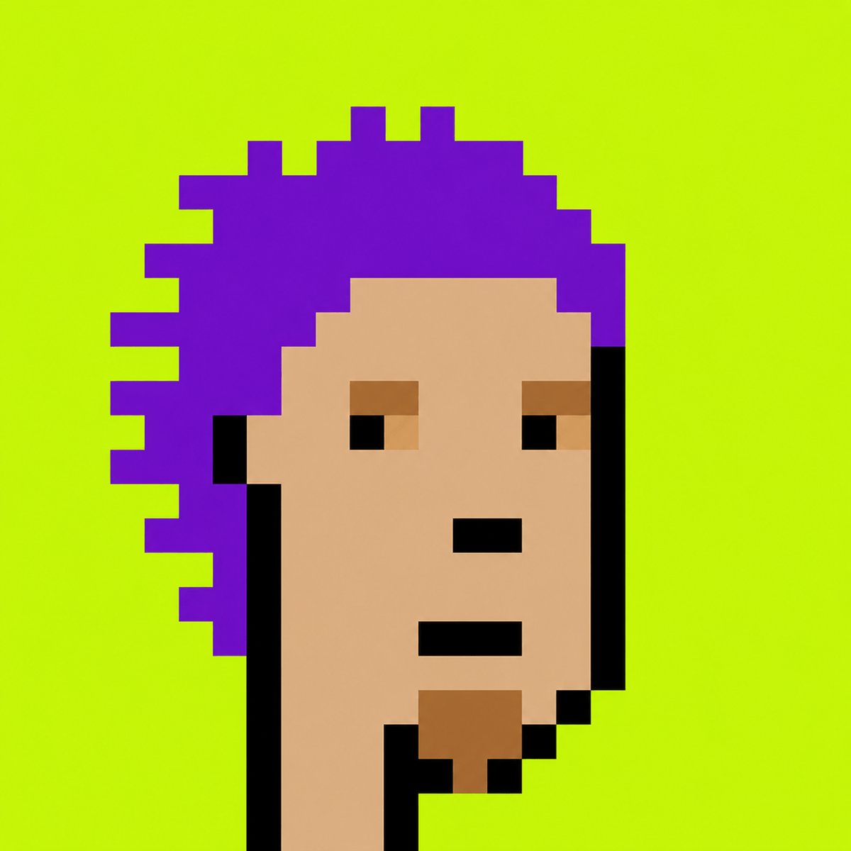 In the image, there's a person with purple hair wearing a brown shirt against a green background. The person has a serious expression on their face as they pose for the picture. Below this individual, there's a caption that reads "The first Punks NFTs on @RobinhoodApp Drop your wallet below". This suggests that the image might be related to cryptocurrency or digital art and could possibly be an advertisement for a cryptocurrency exchange or a piece of digital artwork featuring a person with unique features like purple hair.