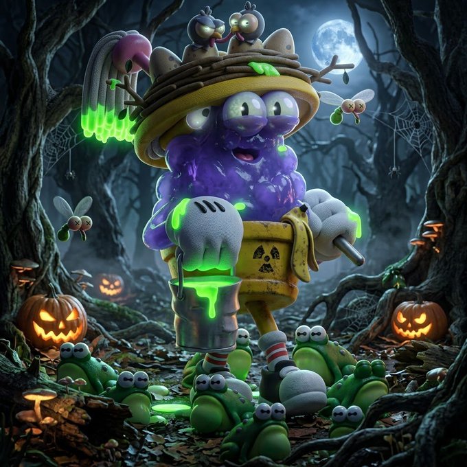A spooky Halloween-themed 3D digital illustration of a purple, multi-eyed character in a yellow bucket hat with birds on top, holding a bucket of glowing green slime, surrounded by jack-o'-lanterns, mushrooms, and creepy frogs in a moonlit forest.