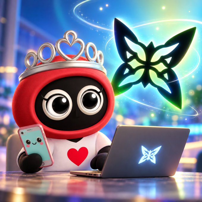 A 3D-rendered character wearing a red hood and tiara, holding a smiling phone and using a laptop with a butterfly logo, with a larger glowing green butterfly in the background.