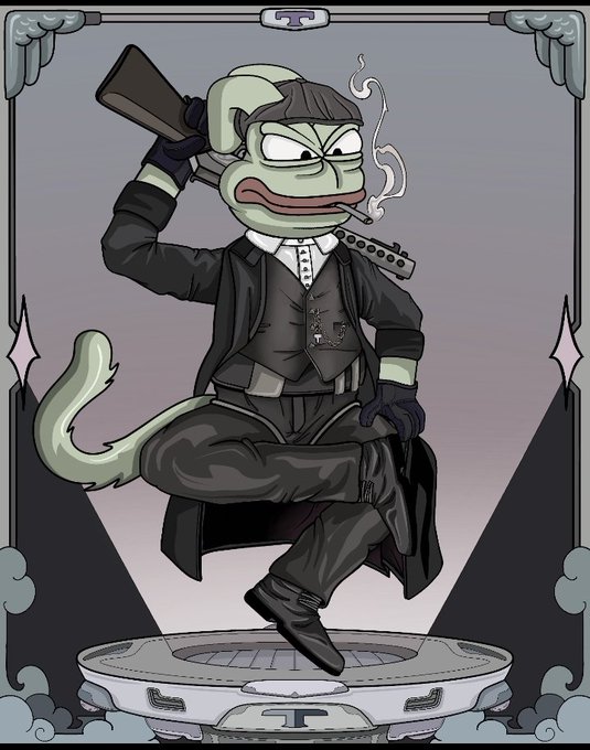 The image features a cartoon character dressed as a pirate, holding a gun and smoking a pipe while standing on a platform or pedestal. The character appears to be in motion, possibly dancing or performing some action. The background of the image has a dark purple hue with white clouds scattered throughout, creating an atmospheric setting for the scene. The post mentions that it is 11:00pm and the artist's name is @TheSocialTrauma A 1984.
