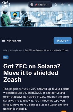 A webpage from ZEC Hub titled 'Got ZEC on Solana? Move it to shielded Zcash,' explaining how to transfer ZCAT or other Solana tokens to a Zcash wallet.