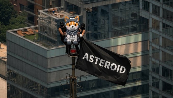 Two climbers perch atop a city rooftop next to a giant Shiba Inu astronaut figure, unfurling a bold black flag emblazoned with "ASTEROID" — a striking visual metaphor for the post's message that the $ASTEROID meme coin on Bags is breaking from the pump-and-dump norm to build something bigger.