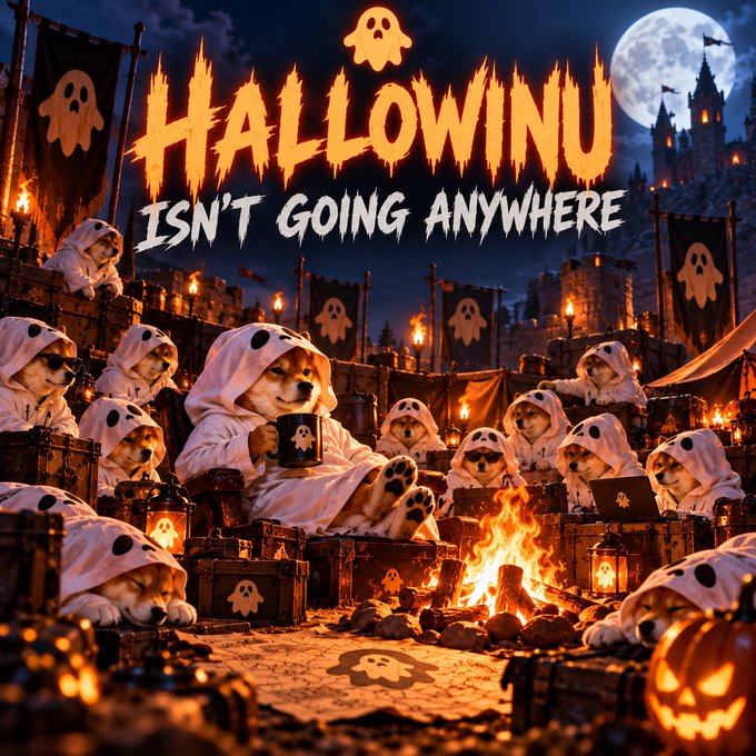 A festive Halloween-themed illustration featuring multiple Shiba Inu dogs dressed in white ghost costumes gathered around a campfire and jack-o'-lantern, with the text 'HALLOWINU ISN'T GOING ANYWHERE.'