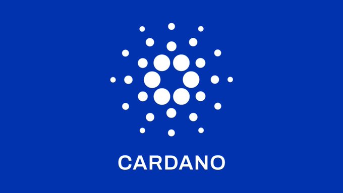 The image displays the Cardano logo—a cluster of white dots arranged in a circular pattern on a deep blue background—with the word "CARDANO" written in white capital letters beneath it, visually representing the cryptocurrency being discussed in the bullish post.