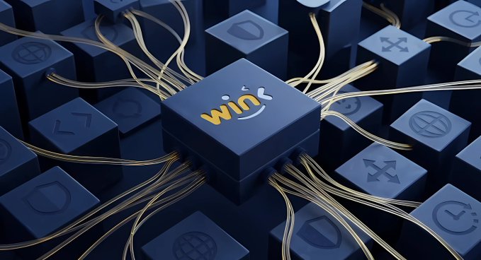 3D illustration showing a central dark blue block labeled 'wink' connected by golden cables to surrounding blocks bearing various cryptocurrency symbols.